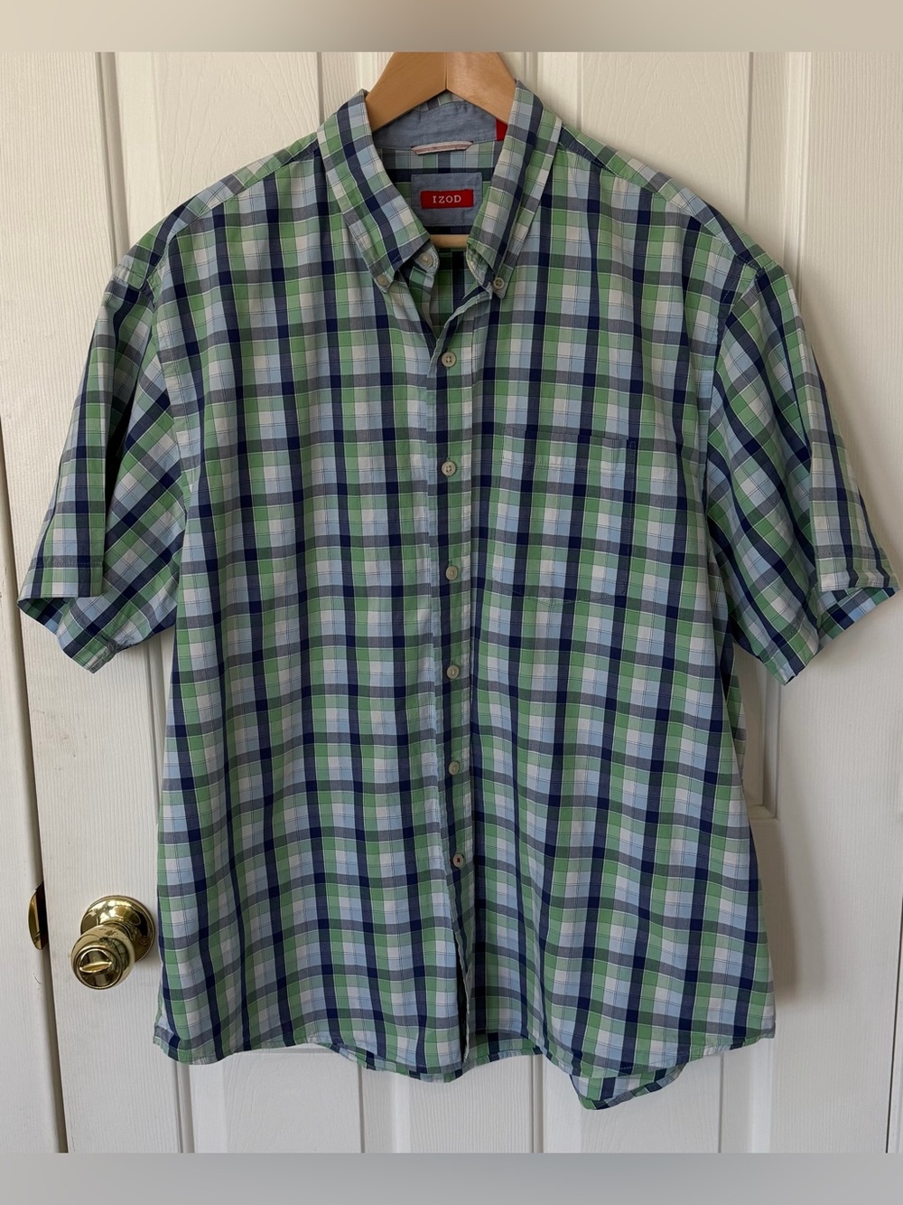 Izod Green and Blue Plaid Short-Sleeve Button-Down Shirt